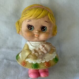 VINTAGE NINOHIRA RUBBER BABY GIRL HOLDING BUNNY SQUEAK DOLL MADE IN JAPAN 1960'S